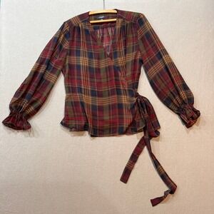 Chaps Romantic Peasant Poet Sleeve Sheer Tartan Plaid Wrap Top Women Medium